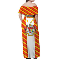 Malaysia National Crest Off Shoulder Maxi Dress with Red Tiger and Traditional Batik Yellow White
