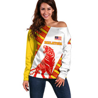 Malaysia National Crest Off Shoulder Sweater with Red Tiger and Traditional Batik Yellow White