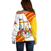 Malaysia National Crest Off Shoulder Sweater with Red Tiger and Traditional Batik Yellow White