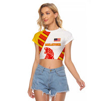 Malaysia National Crest Raglan Cropped T Shirt with Red Tiger and Traditional Batik Yellow White