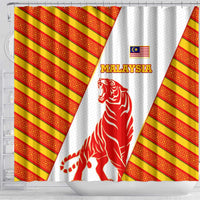 Malaysia National Crest Shower Curtain with Red Tiger and Traditional Batik Yellow White