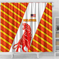 Malaysia National Crest Shower Curtain with Red Tiger and Traditional Batik Yellow White
