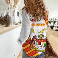 Malaysia National Crest Women Casual Shirt with Red Tiger and Traditional Batik Yellow White