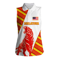 Malaysia National Crest Women Sleeveless Polo Shirt with Red Tiger and Traditional Batik Yellow White