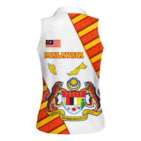Malaysia National Crest Women Sleeveless Polo Shirt with Red Tiger and Traditional Batik Yellow White
