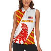 Malaysia National Crest Women Sleeveless Polo Shirt with Red Tiger and Traditional Batik Yellow White