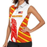 Malaysia National Crest Women Sleeveless Polo Shirt with Red Tiger and Traditional Batik Yellow White