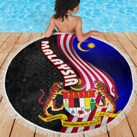 Malaysia Coat of Arms Beach Blanket with National Flag and Black Batik Pattern