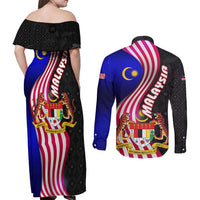 Malaysia Coat of Arms Couples Matching Off Shoulder Maxi Dress and Long Sleeve Button Shirt with National Flag and Black Batik Pattern