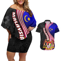 Malaysia Coat of Arms Couples Matching Off Shoulder Short Dress and Hawaiian Shirt with National Flag and Black Batik Pattern