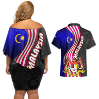 Malaysia Coat of Arms Couples Matching Off Shoulder Short Dress and Hawaiian Shirt with National Flag and Black Batik Pattern