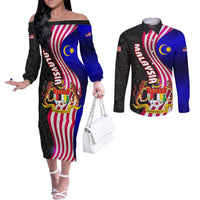 Malaysia Coat of Arms Couples Matching Off The Shoulder Long Sleeve Dress and Long Sleeve Button Shirt with National Flag and Black Batik Pattern
