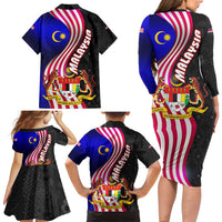 Malaysia Coat of Arms Family Matching Long Sleeve Bodycon Dress and Hawaiian Shirt with National Flag and Black Batik Pattern