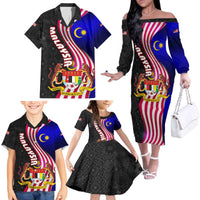 Malaysia Coat of Arms Family Matching Off The Shoulder Long Sleeve Dress and Hawaiian Shirt with National Flag and Black Batik Pattern