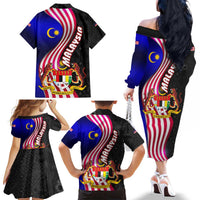 Malaysia Coat of Arms Family Matching Off The Shoulder Long Sleeve Dress and Hawaiian Shirt with National Flag and Black Batik Pattern