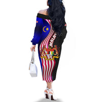 Malaysia Coat of Arms Family Matching Off The Shoulder Long Sleeve Dress and Hawaiian Shirt with National Flag and Black Batik Pattern
