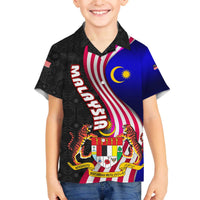 Malaysia Coat of Arms Family Matching Off The Shoulder Long Sleeve Dress and Hawaiian Shirt with National Flag and Black Batik Pattern