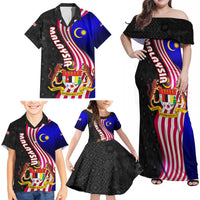 Malaysia Coat of Arms Family Matching Off Shoulder Maxi Dress and Hawaiian Shirt with National Flag and Black Batik Pattern