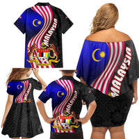 Malaysia Coat of Arms Family Matching Off Shoulder Short Dress and Hawaiian Shirt with National Flag and Black Batik Pattern