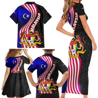 Malaysia Coat of Arms Family Matching Short Sleeve Bodycon Dress and Hawaiian Shirt with National Flag and Black Batik Pattern