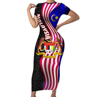 Malaysia Coat of Arms Family Matching Short Sleeve Bodycon Dress and Hawaiian Shirt with National Flag and Black Batik Pattern