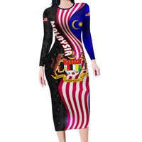 Malaysia Coat of Arms Long Sleeve Bodycon Dress with National Flag and Black Batik Pattern