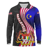 Malaysia Coat of Arms Long Sleeve Polo Shirt with National Flag and Black Batik Pattern