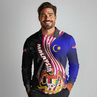 Malaysia Coat of Arms Long Sleeve Polo Shirt with National Flag and Black Batik Pattern