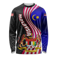 Malaysia Coat of Arms Long Sleeve Shirt with National Flag and Black Batik Pattern