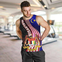 Malaysia Coat of Arms Men Tank Top with National Flag and Black Batik Pattern