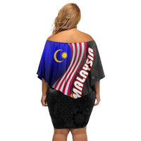 Malaysia Coat of Arms Off Shoulder Short Dress with National Flag and Black Batik Pattern
