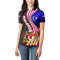 Malaysia Coat of Arms Women Polo Shirt with National Flag and Black Batik Pattern