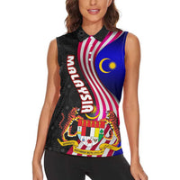 Malaysia Coat of Arms Women Sleeveless Polo Shirt with National Flag and Black Batik Pattern