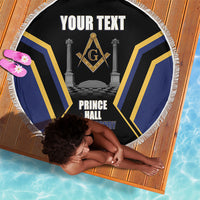 Personalized Prince Hall Freemasonry Beach Blanket Royal Blue Gold Masonic Geometric Legacy Graphic