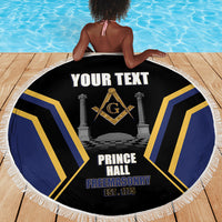 Personalized Prince Hall Freemasonry Beach Blanket Royal Blue Gold Masonic Geometric Legacy Graphic