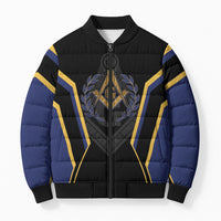 Personalized Prince Hall Freemasonry Bomber Puffer Jacket Royal Blue Gold Masonic Geometric Legacy Graphic