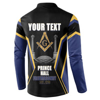 Personalized Prince Hall Freemasonry Button Sweatshirt Royal Blue Gold Masonic Geometric Legacy Graphic