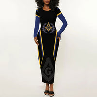 Personalized Prince Hall Freemasonry Long Sleeve Bodycon Dress Royal Blue Gold Masonic Geometric Legacy Graphic