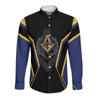 Personalized Prince Hall Freemasonry Long Sleeve Button Shirt Royal Blue Gold Masonic Geometric Legacy Graphic