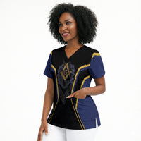 Personalized Prince Hall Freemasonry Scrub Top Royal Blue Gold Masonic Geometric Legacy Graphic