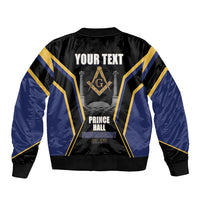 Personalized Prince Hall Freemasonry Sleeve Zip Bomber Jacket Royal Blue Gold Masonic Geometric Legacy Graphic