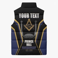 Personalized Prince Hall Freemasonry Sleeveless Puffer Jacket Royal Blue Gold Masonic Geometric Legacy Graphic