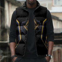 Personalized Prince Hall Freemasonry Sleeveless Puffer Jacket Royal Blue Gold Masonic Geometric Legacy Graphic