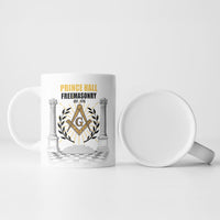Personalized Prince Hall Freemasonry Ceramic Mug Masonic Square And Compass Vintage Gold Pillar Illustration