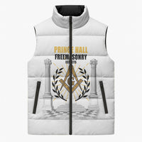 Personalized Prince Hall Freemasonry Sleeveless Puffer Jacket Masonic Square And Compass Vintage Gold Pillar Illustration