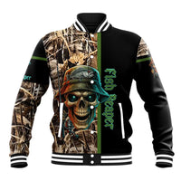 Personalized Fish Reaper Skull Baseball Jacket Camouflage Background and Fishing Rod Graphic Design - Wonder Print Shop