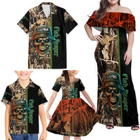 Personalized Fish Reaper Skull Family Matching Off Shoulder Maxi Dress and Hawaiian Shirt Camouflage Background and Fishing Rod Graphic Design - Wonder Print Shop