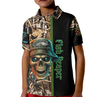 Personalized Fish Reaper Skull Kid Polo Shirt Camouflage Background and Fishing Rod Graphic Design - Wonder Print Shop