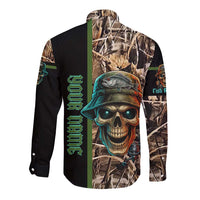 Personalized Fish Reaper Skull Long Sleeve Button Shirt Camouflage Background and Fishing Rod Graphic Design - Wonder Print Shop