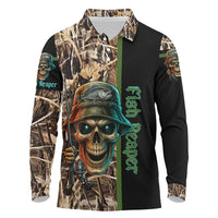 Personalized Fish Reaper Skull Long Sleeve Polo Shirt Camouflage Background and Fishing Rod Graphic Design - Wonder Print Shop